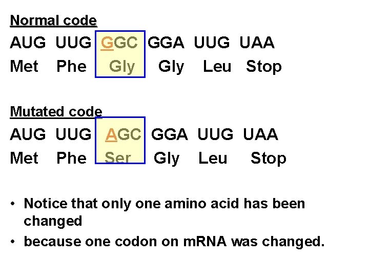 Normal code AUG UUG GGC GGA UUG UAA Met Phe Gly Leu Stop Mutated