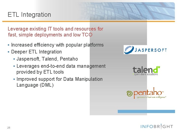 ETL Integration Leverage existing IT tools and resources for fast, simple deployments and low