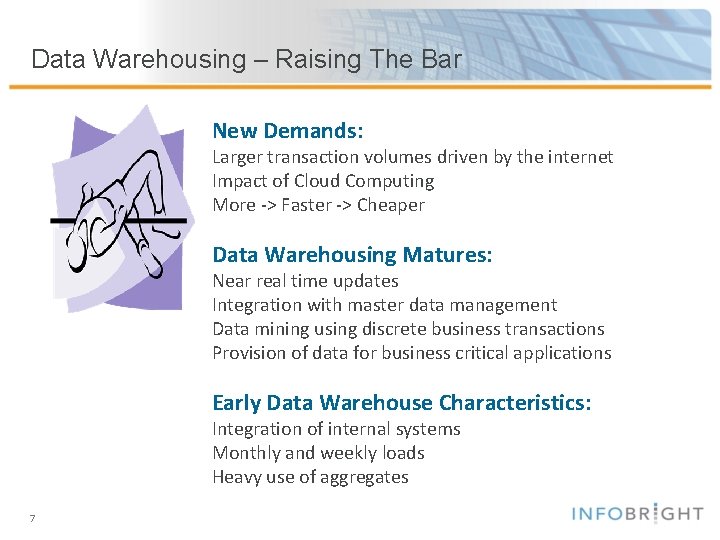 Data Warehousing – Raising The Bar New Demands: Larger transaction volumes driven by the