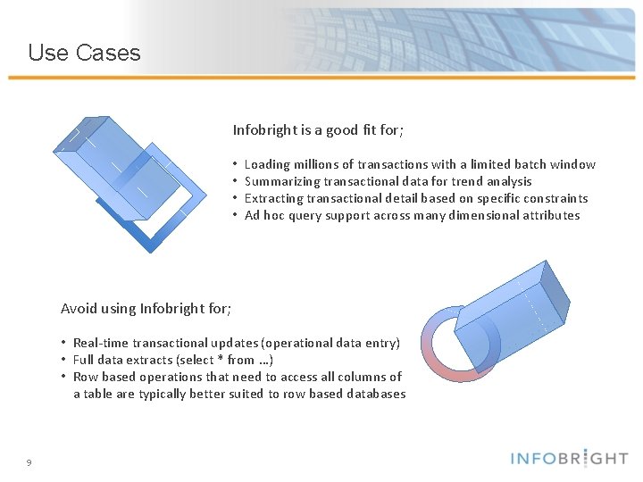 Use Cases Infobright is a good fit for; • • Loading millions of transactions