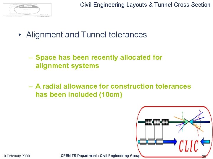 Civil Engineering Layouts & Tunnel Cross Section • Alignment and Tunnel tolerances – Space