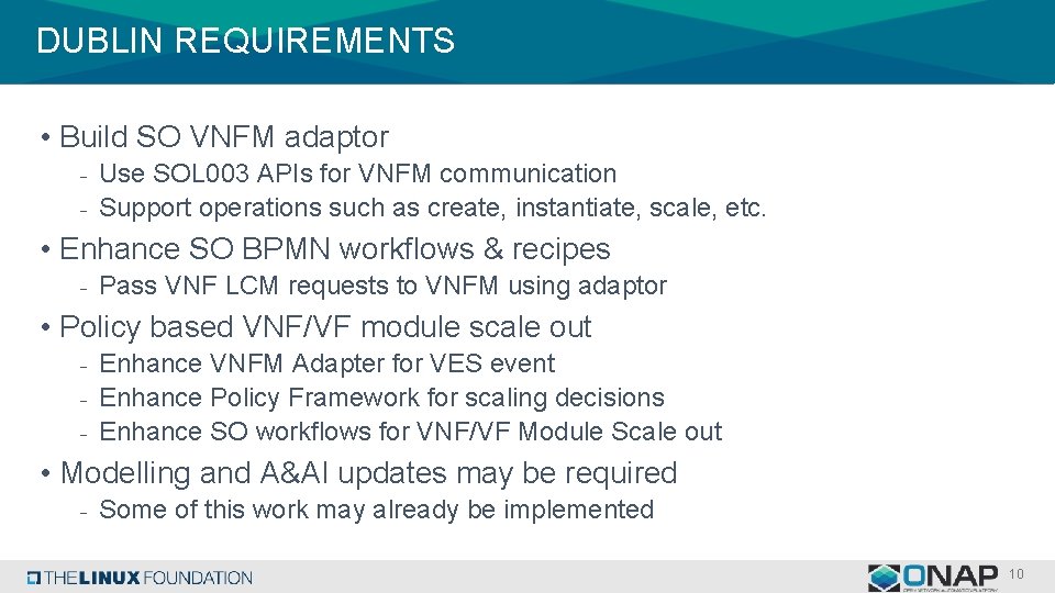 DUBLIN REQUIREMENTS • Build SO VNFM adaptor - Use SOL 003 APIs for VNFM