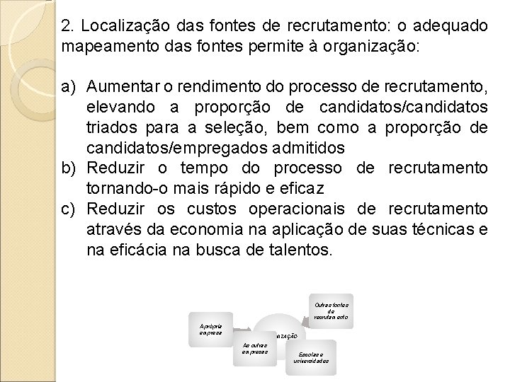 2. Localização das fontes de recrutamento: o adequado mapeamento das fontes permite à organização: 2. Localização das fontes de recrutamento: o adequado mapeamento das fontes permite à organização: