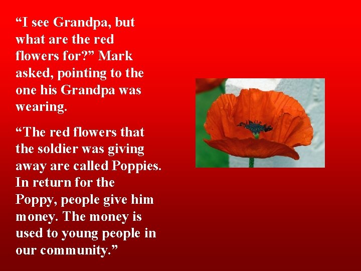 “I see Grandpa, but what are the red flowers for? ” Mark asked, pointing