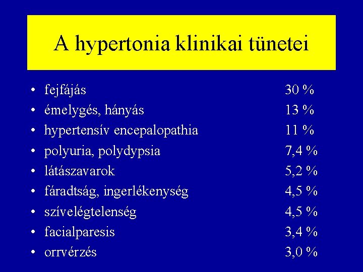 A hypertonia klinikai tünetei • • • fejfájás émelygés, hányás hypertensív encepalopathia polyuria, polydypsia