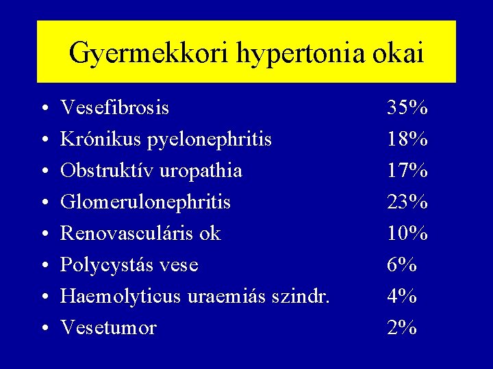 Gyermekkori hypertonia okai • • Vesefibrosis Krónikus pyelonephritis Obstruktív uropathia Glomerulonephritis Renovasculáris ok Polycystás