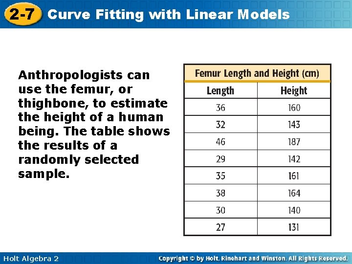 2 -7 Curve Fitting with Linear Models Anthropologists can use the femur, or thighbone,