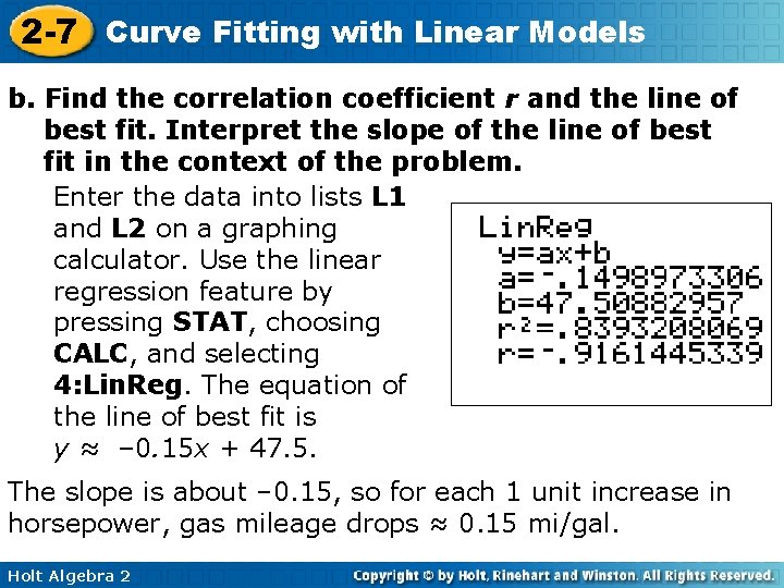 2 -7 Curve Fitting with Linear Models b. Find the correlation coefficient r and