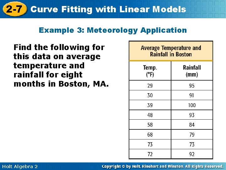 2 -7 Curve Fitting with Linear Models Example 3: Meteorology Application Find the following