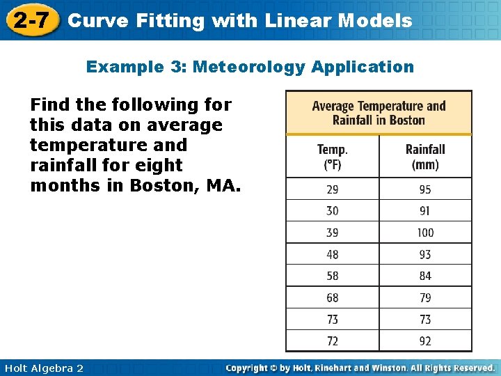 2 -7 Curve Fitting with Linear Models Example 3: Meteorology Application Find the following