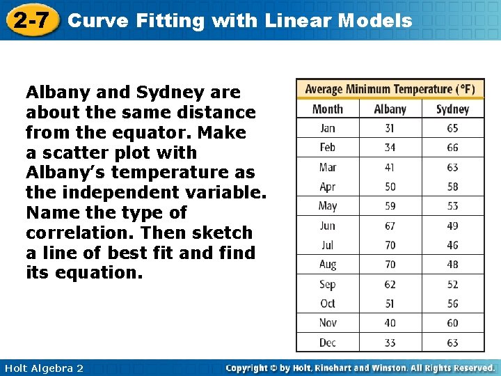 2 -7 Curve Fitting with Linear Models Albany and Sydney are about the same