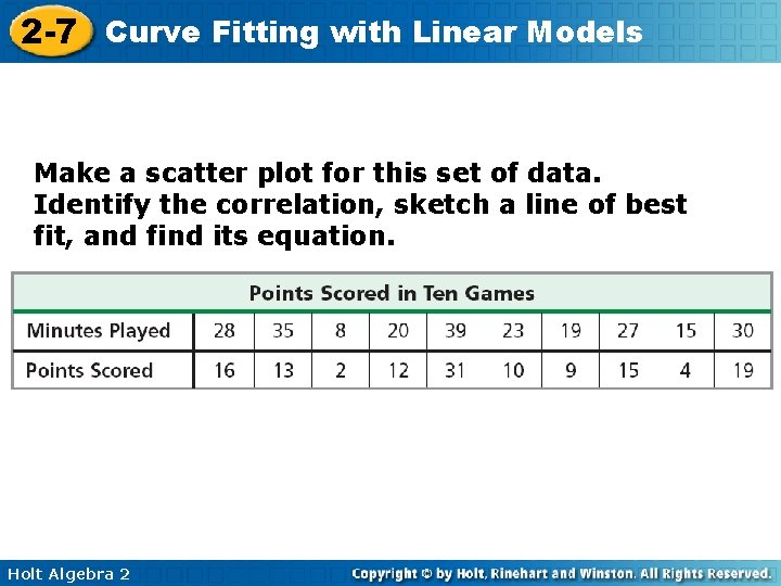2 -7 Curve Fitting with Linear Models Make a scatter plot for this set