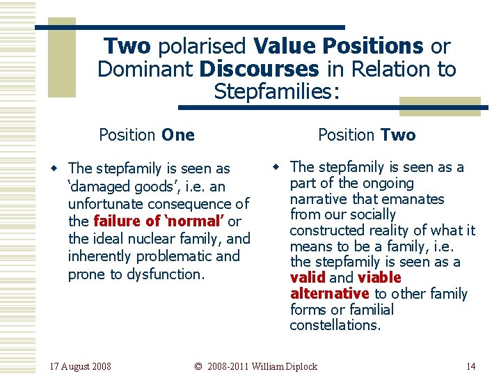 Two polarised Value Positions or Dominant Discourses in Relation to Stepfamilies: Position One w