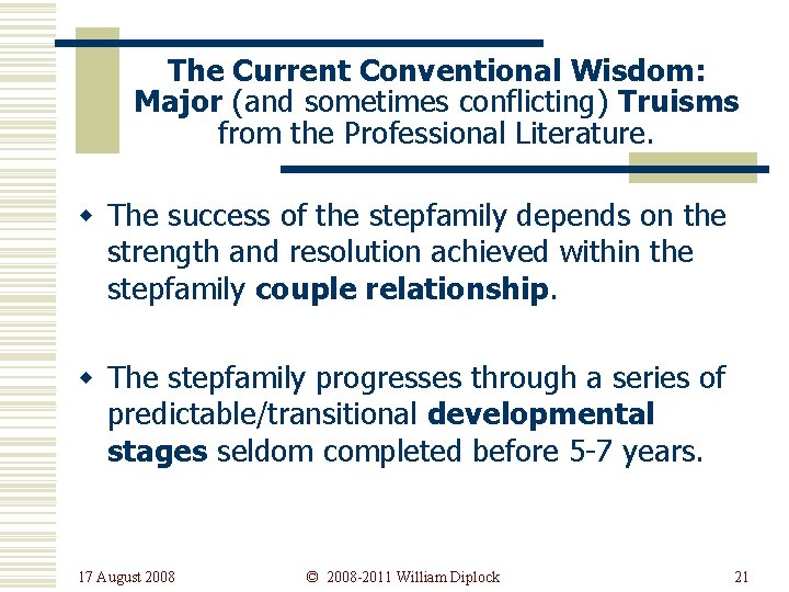 The Current Conventional Wisdom: Major (and sometimes conflicting) Truisms from the Professional Literature. w