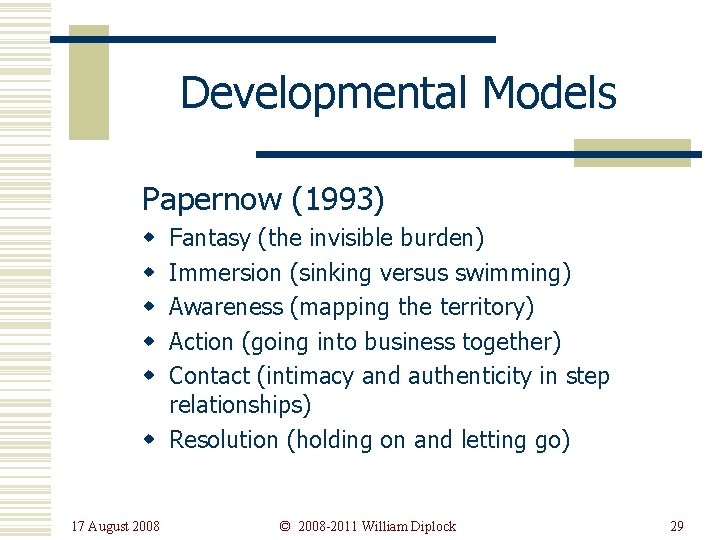 Developmental Models Papernow (1993) Fantasy (the invisible burden) Immersion (sinking versus swimming) Awareness (mapping