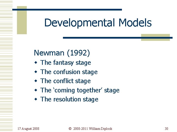 Developmental Models Newman (1992) w w w 17 August 2008 The The The fantasy