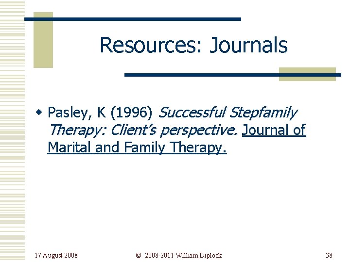 Resources: Journals w Pasley, K (1996) Successful Stepfamily Therapy: Client’s perspective. Journal of Marital