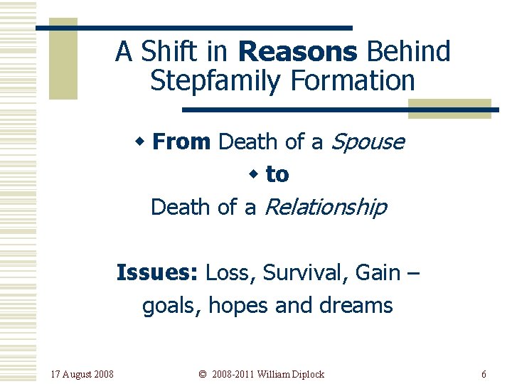 A Shift in Reasons Behind Stepfamily Formation w From Death of a Spouse w