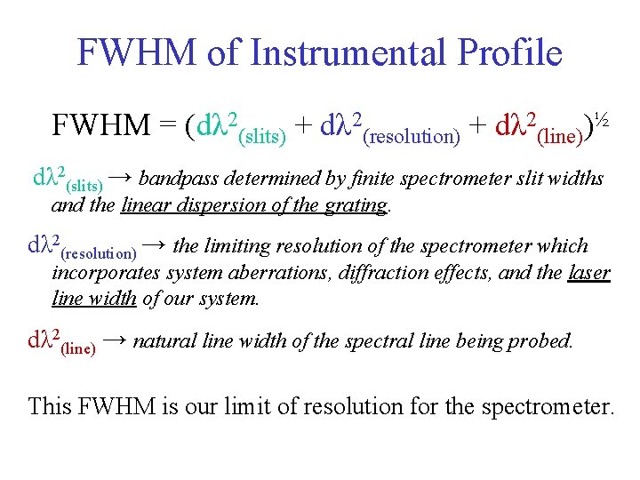 FWHM of Instrumental Profile FWHM = (dλ 2(slits) + dλ 2(resolution) + dλ 2(line))½