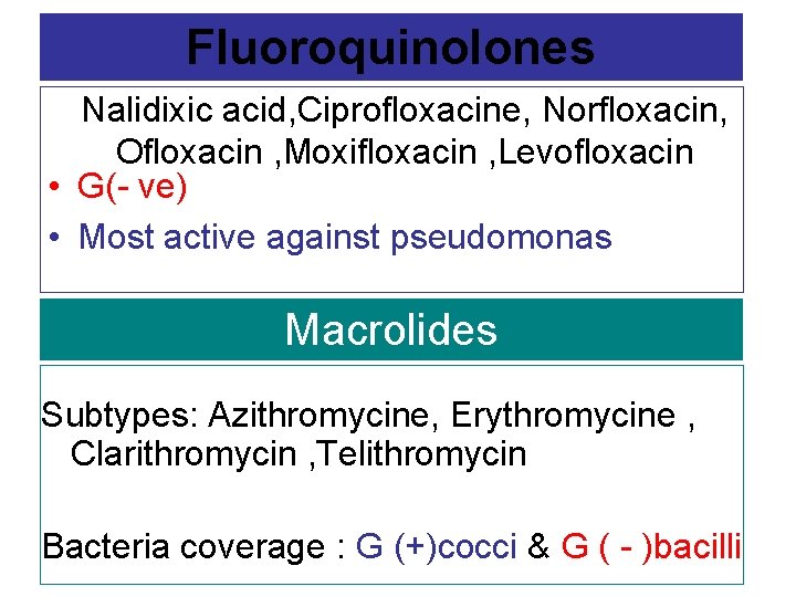 Fluoroquinolones Nalidixic acid, Ciprofloxacine, Norfloxacin, Ofloxacin , Moxifloxacin , Levofloxacin • G(- ve) •