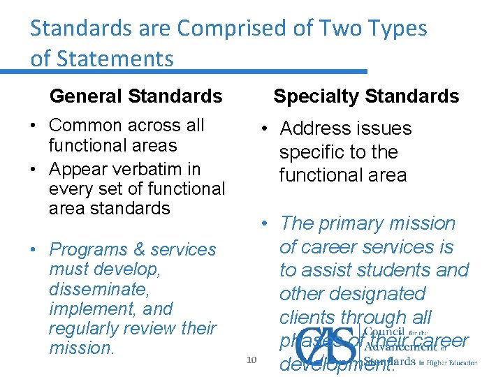 Standards are Comprised of Two Types of Statements General Standards • Common across all