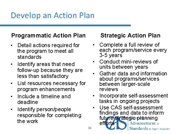 Develop an Action Plan Programmatic Action Plan Strategic Action Plan • Detail actions required