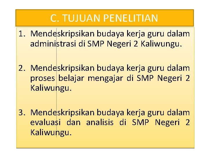 C. TUJUAN PENELITIAN 1. Mendeskripsikan budaya kerja guru dalam administrasi di SMP Negeri 2