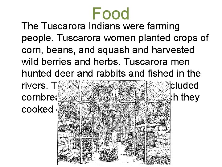 Food The Tuscarora Indians were farming people. Tuscarora women planted crops of corn, beans,