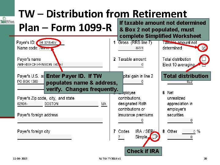 TW – Distribution from Retirement If taxable amount not determined Plan – Form 1099