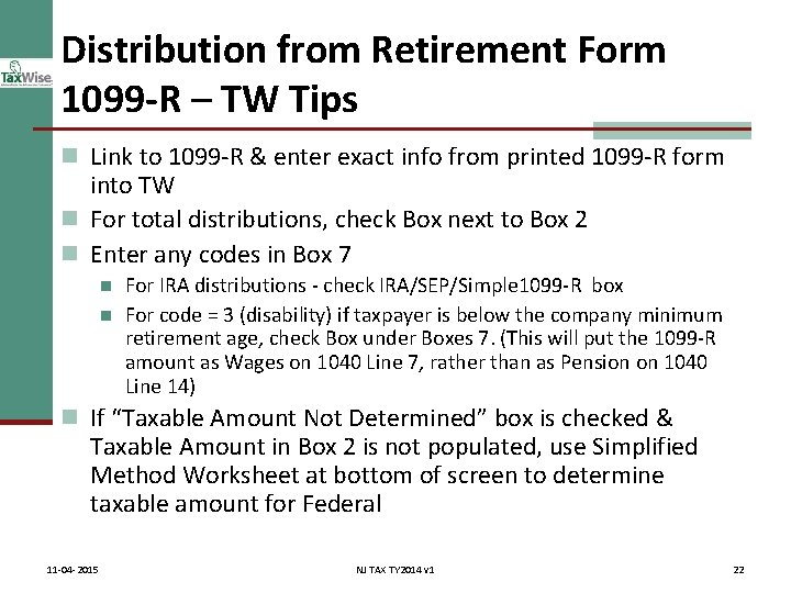 Distribution from Retirement Form 1099 -R – TW Tips n Link to 1099 -R