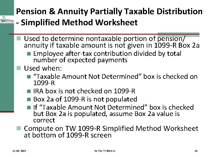 Pension & Annuity Partially Taxable Distribution - Simplified Method Worksheet n Used to determine