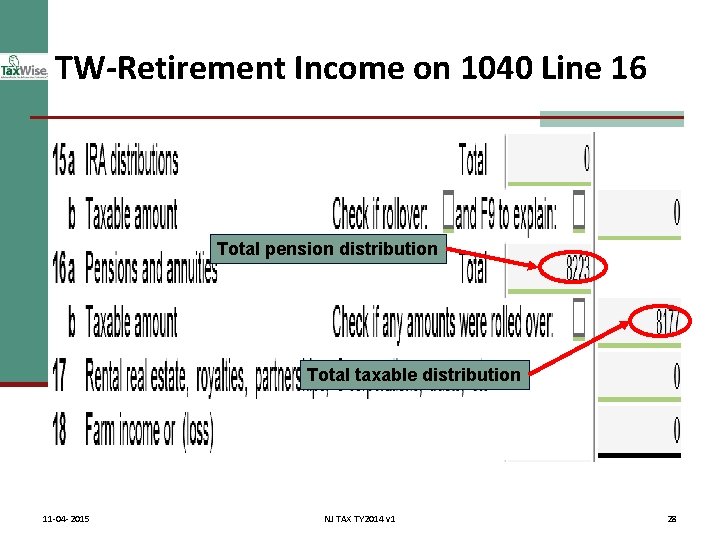 TW-Retirement Income on 1040 Line 16 Total pension distribution Total taxable distribution 11 -04