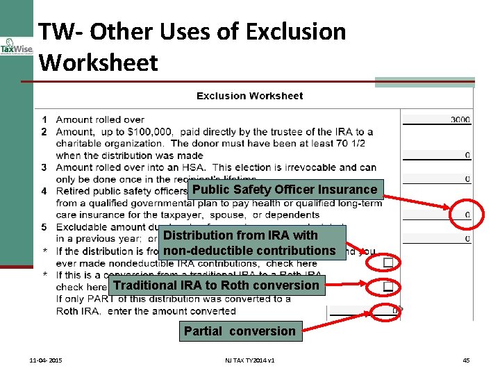 TW- Other Uses of Exclusion Worksheet Public Safety Officer Insurance Distribution from IRA with