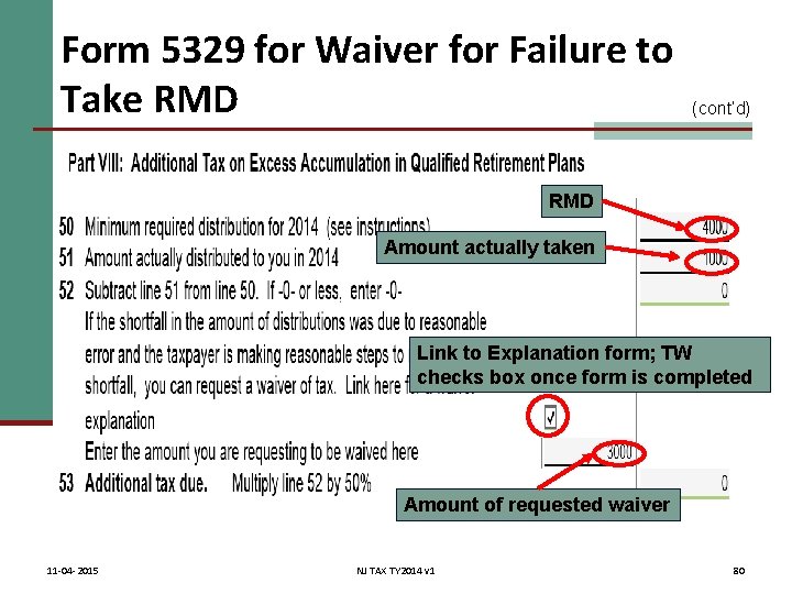 Form 5329 for Waiver for Failure to Take RMD (cont’d) RMD Amount actually taken