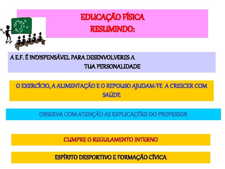 EDUCAÇÃO FÍSICA RESUMINDO: A E. F. É INDISPENSÁVEL PARA DESENVOLVERES A TUA PERSONALIDADE O