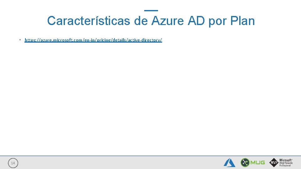 Características de Azure AD por Plan • https: //azure. microsoft. com/en-in/pricing/details/active-directory/ 14 