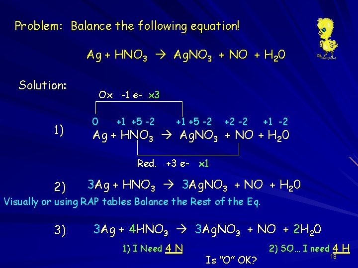 Problem: Balance the following equation! Ag + HNO 3 Ag. NO 3 + NO