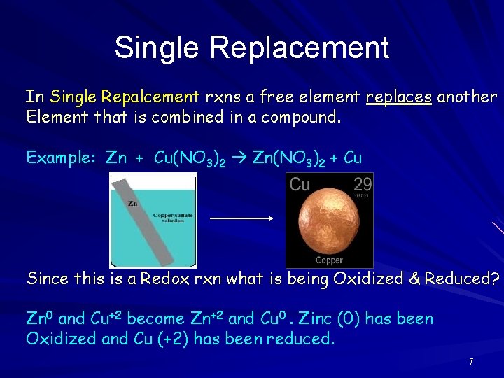 Single Replacement In Single Repalcement rxns a free element replaces another Element that is