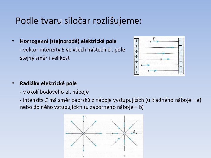  Podle tvaru siločar rozlišujeme: • Homogenní (stejnorodé) elektrické pole - vektor intenzity E