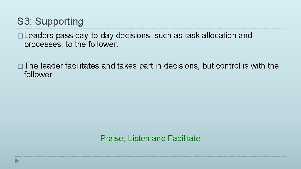 S 3: Supporting � Leaders pass day-to-day decisions, such as task allocation and processes,