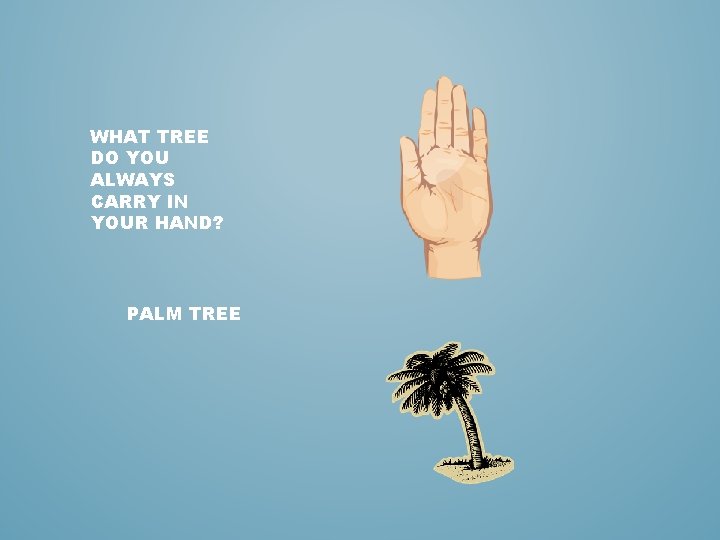 WHAT TREE DO YOU ALWAYS CARRY IN YOUR HAND? PALM TREE 