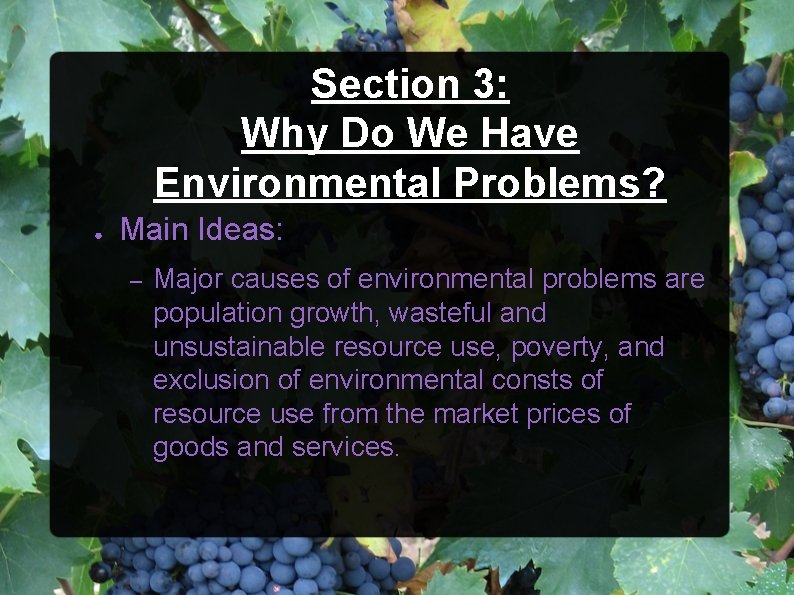 Section 3: Why Do We Have Environmental Problems? ● Main Ideas: – Major causes