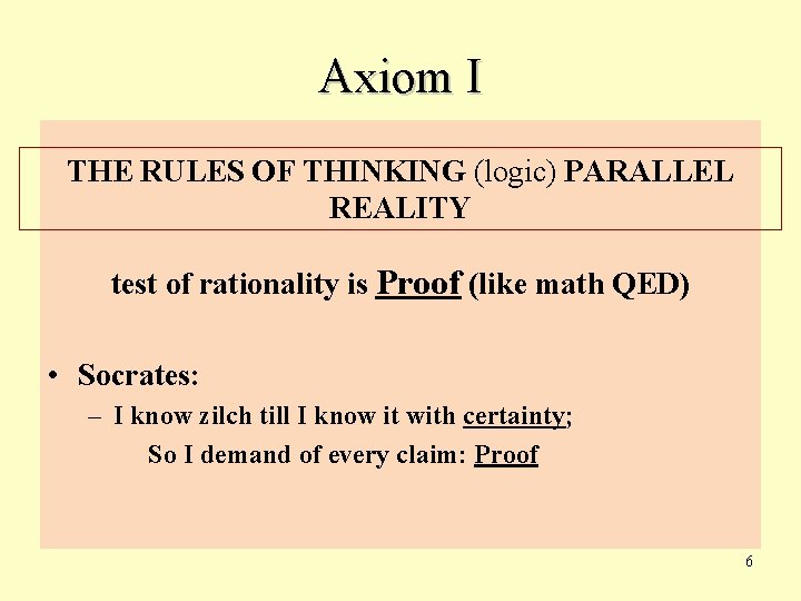 Axiom I THE RULES OF THINKING (logic) PARALLEL REALITY test of rationality is Proof