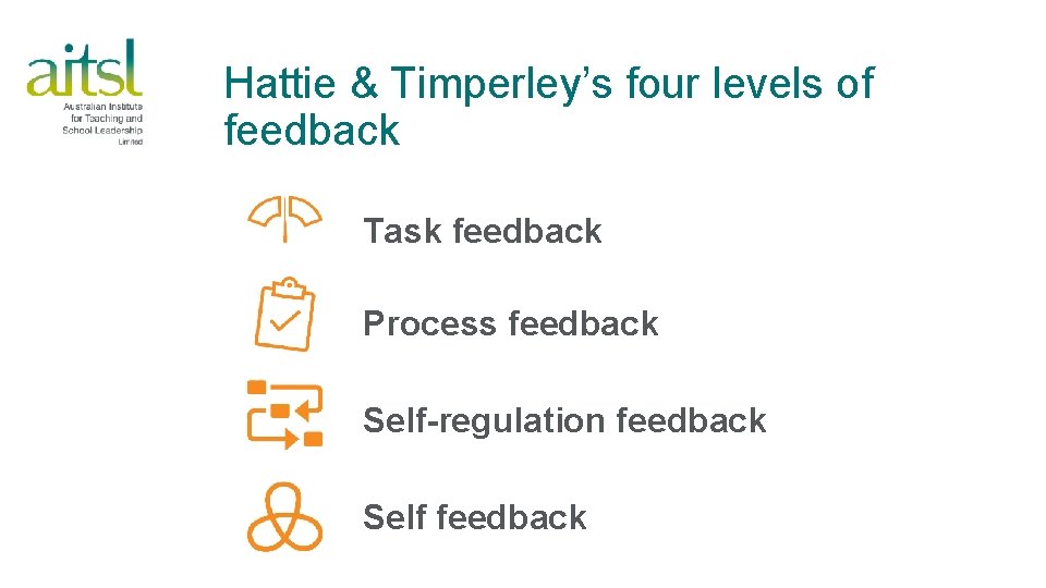 Hattie & Timperley’s four levels of feedback Task feedback Process feedback Self-regulation feedback Self