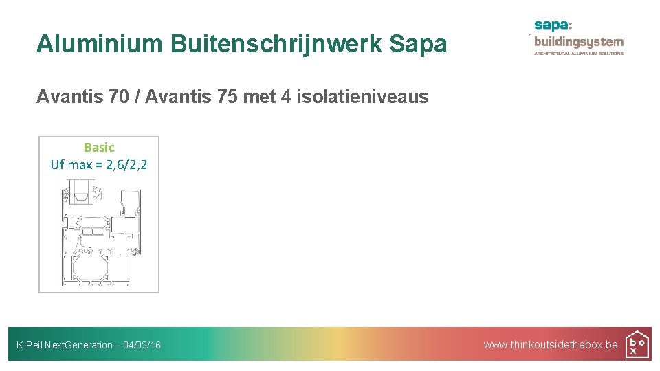 Aluminium Buitenschrijnwerk Sapa Avantis 70 / Avantis 75 met 4 isolatieniveaus Basic Uf max