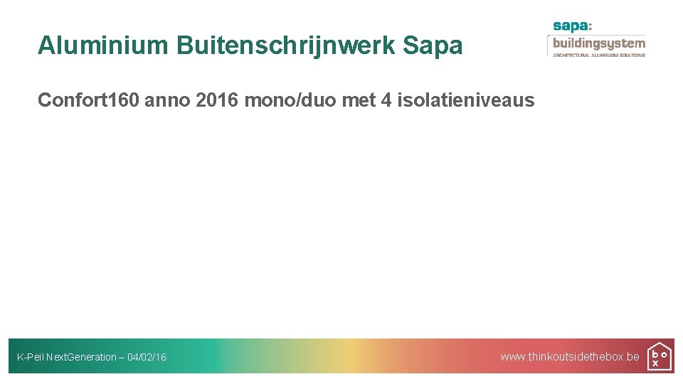 Aluminium Buitenschrijnwerk Sapa Confort 160 anno 2016 mono/duo met 4 isolatieniveaus K-Peil Next. Generation