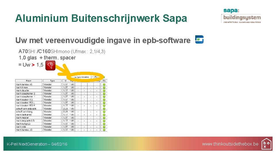 Aluminium Buitenschrijnwerk Sapa Uw met vereenvoudigde ingave in epb-software A 70 SHI /C 160