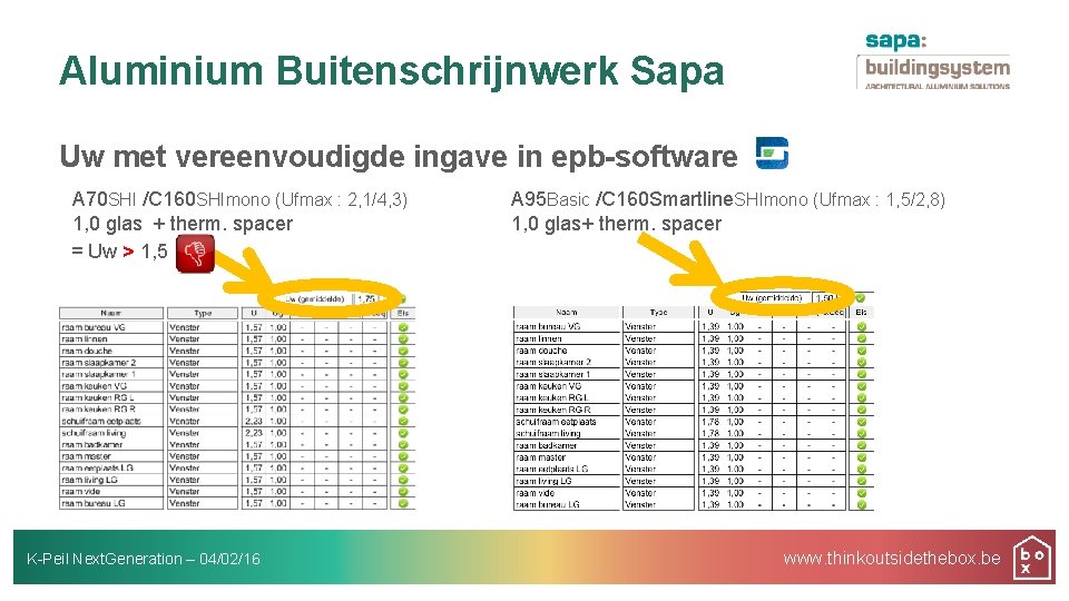 Aluminium Buitenschrijnwerk Sapa Uw met vereenvoudigde ingave in epb-software A 70 SHI /C 160