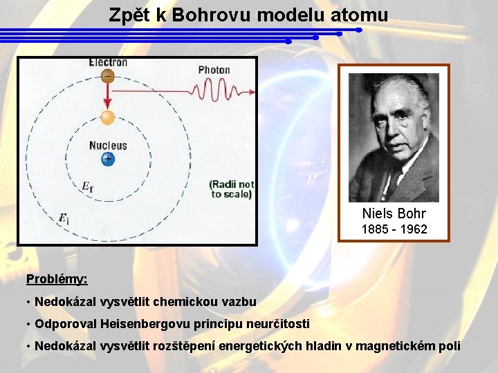 Zpět k Bohrovu modelu atomu Niels Bohr 1885 - 1962 Problémy: • Nedokázal vysvětlit