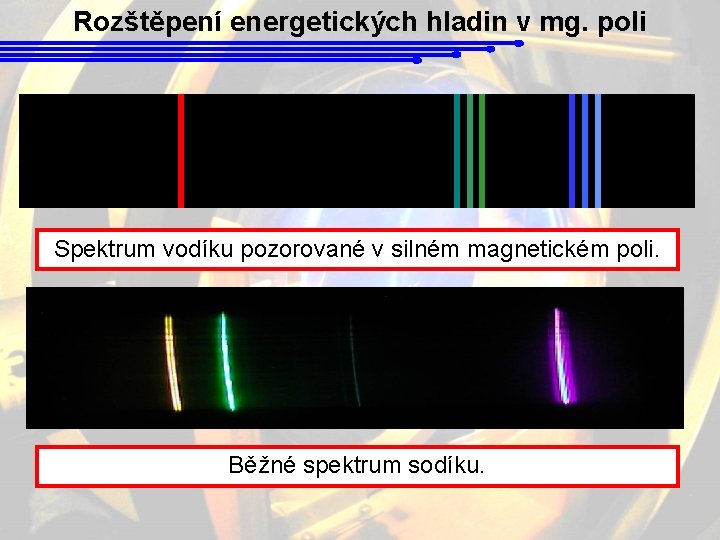 Rozštěpení energetických hladin v mg. poli Spektrum vodíku pozorované v silném magnetickém poli. Běžné